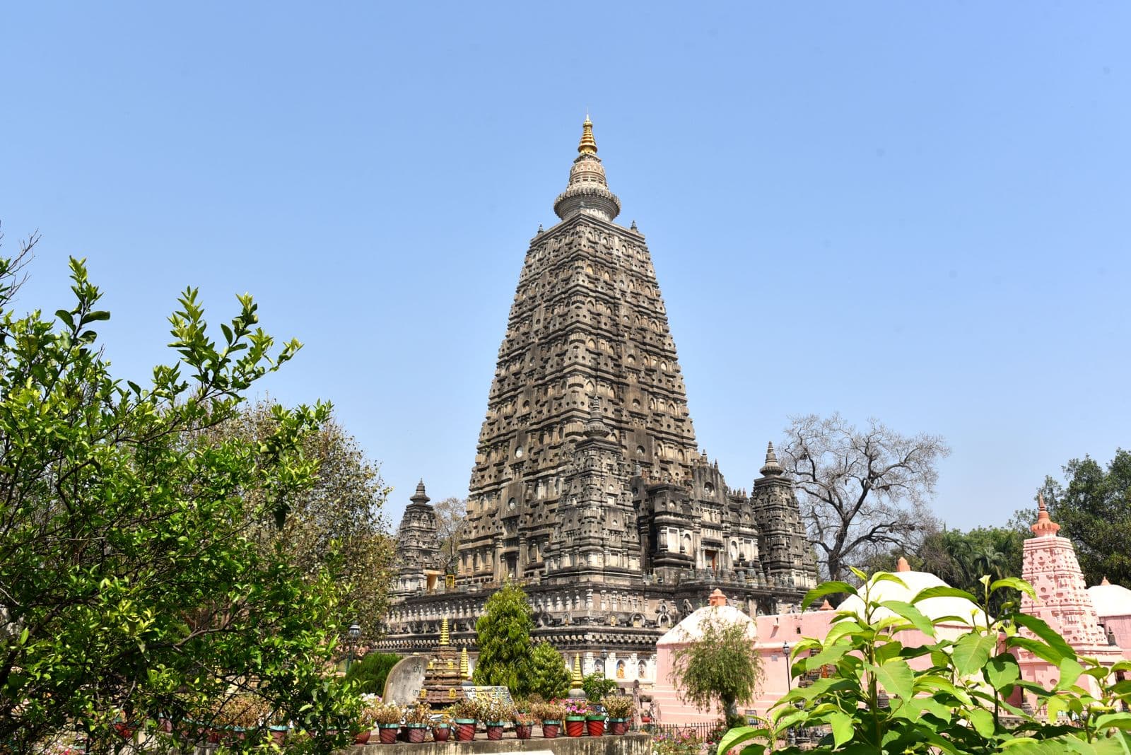 The Mahabodhi Temple in Bodh Gaya among green trees